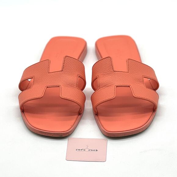 HERMES Oran Sandal Orange Joey Epsom Womens Size 39 Calf Leather Flat - Picture 2 of 16